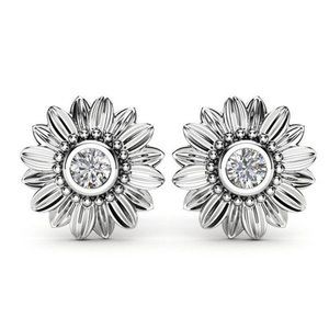 Sterling Silver Diamond Sunflower Stud Earrings